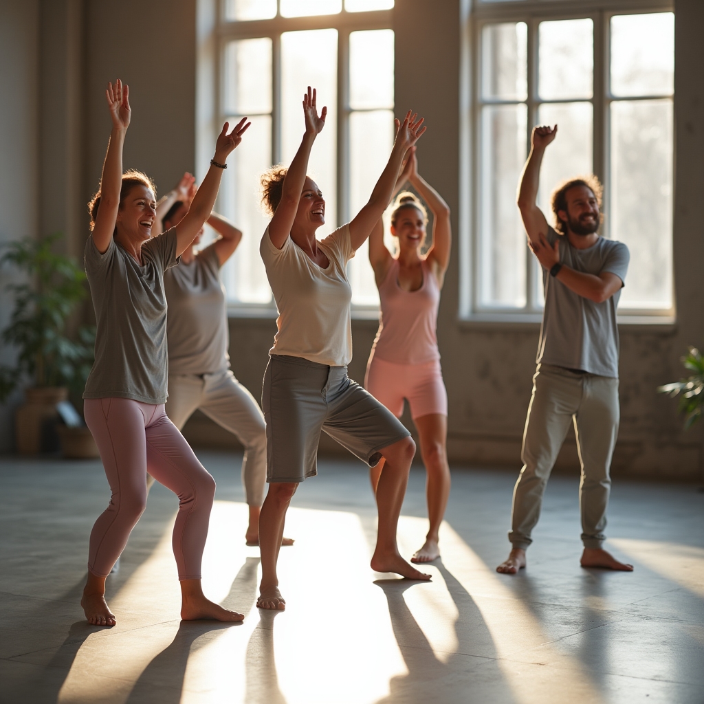 Small group doing gentle stretching exercises together in a bright open studio