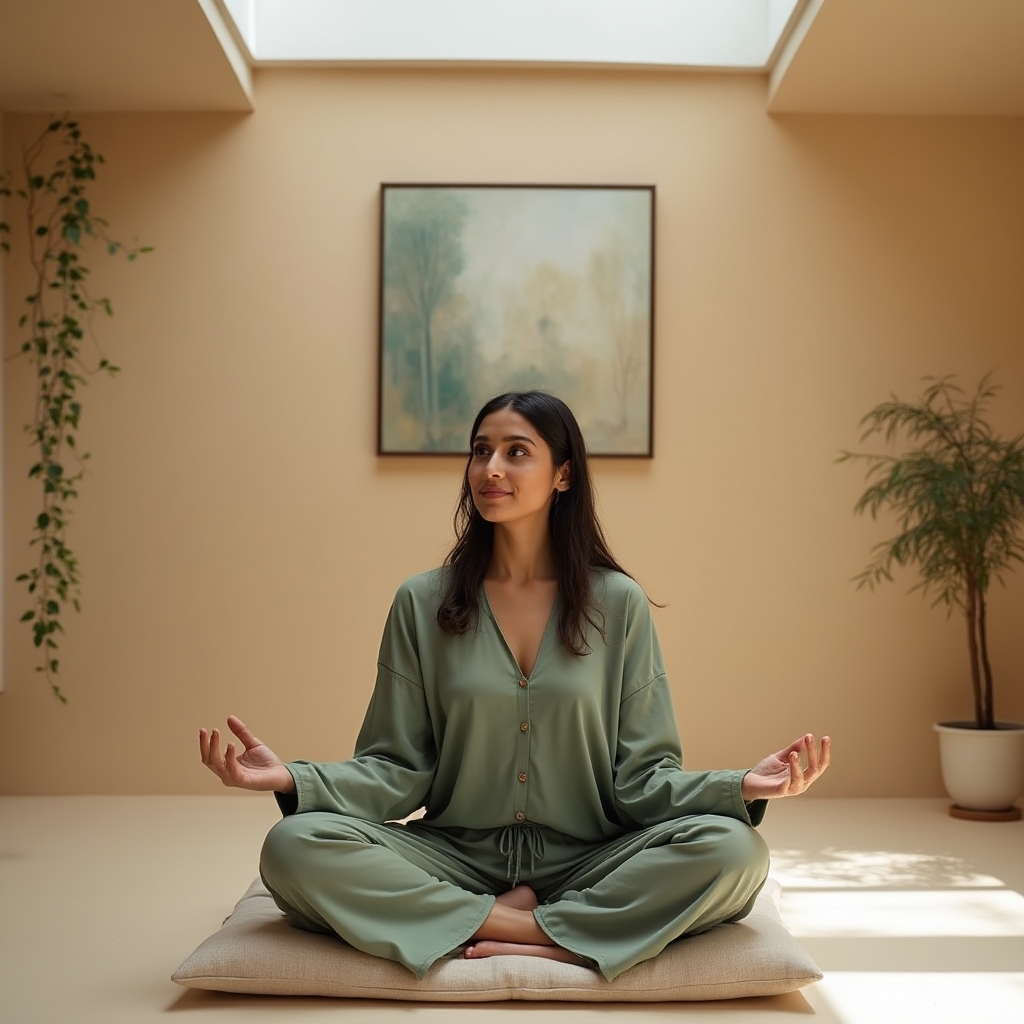 Priya Sharma, gentle movement specialist, seated in a peaceful studio environment